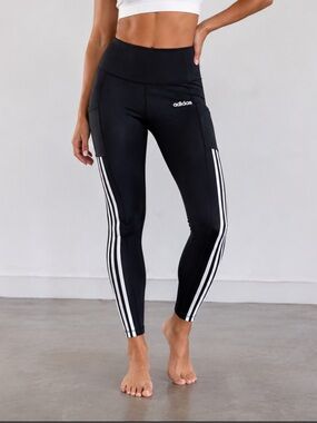 adidas Black High-Rise Training Leggings with White Side Stripes